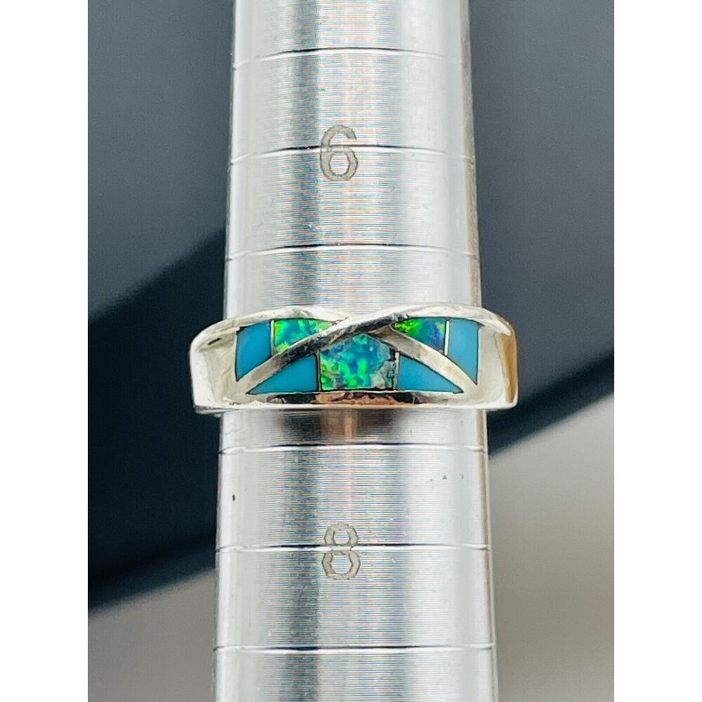 Southwest Sterling Silver Ring Lab Opal Turquoise Inlay Band Size 7 Signed AV - Picture 11 of 12